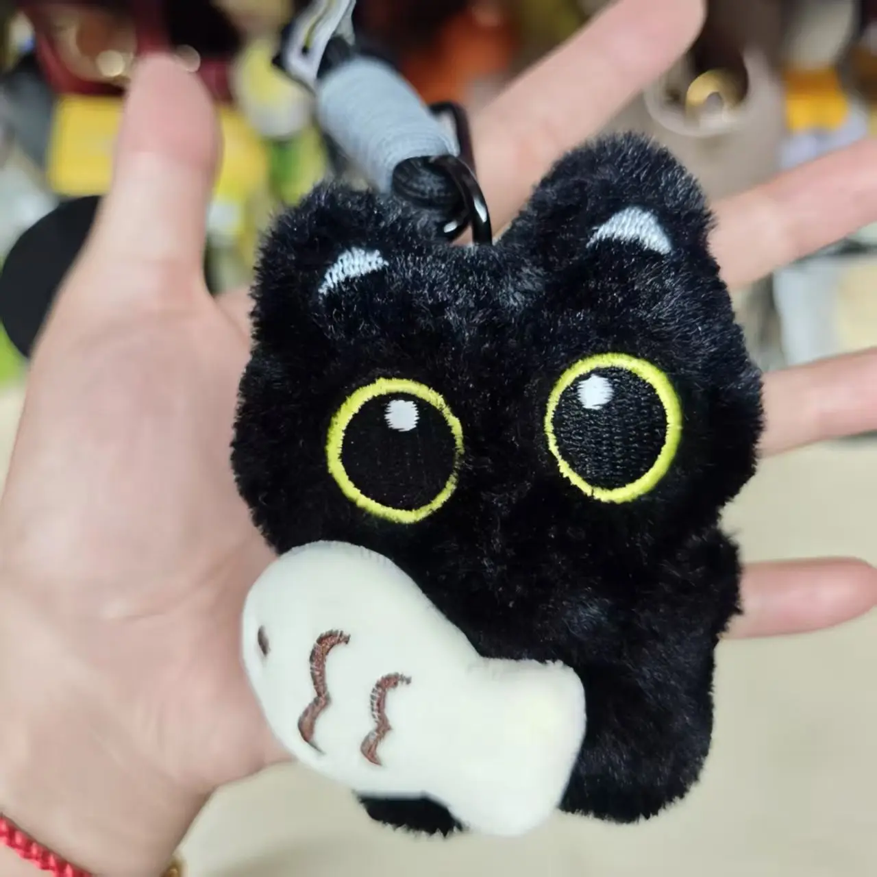Cute Big‑eyed Black Cat Plush KeychainSmall Fish Soft Bag Charm Pendant Creative Gift For Couple Girls Backpack Decor