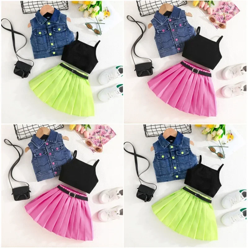 

KidBaby Dress Denim Sleeveless Vest Girl Trendy Outfit Set Black Ribbed Cami Top Pleated Skirt for Children Fashion Summer Wear