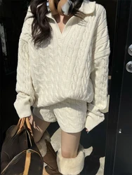 Korean Style Fashion Knitted Sweater Loose Casual Polo Neck Pullover Women Tops Slim Shorts Autumn Winter Two Piece Set Women