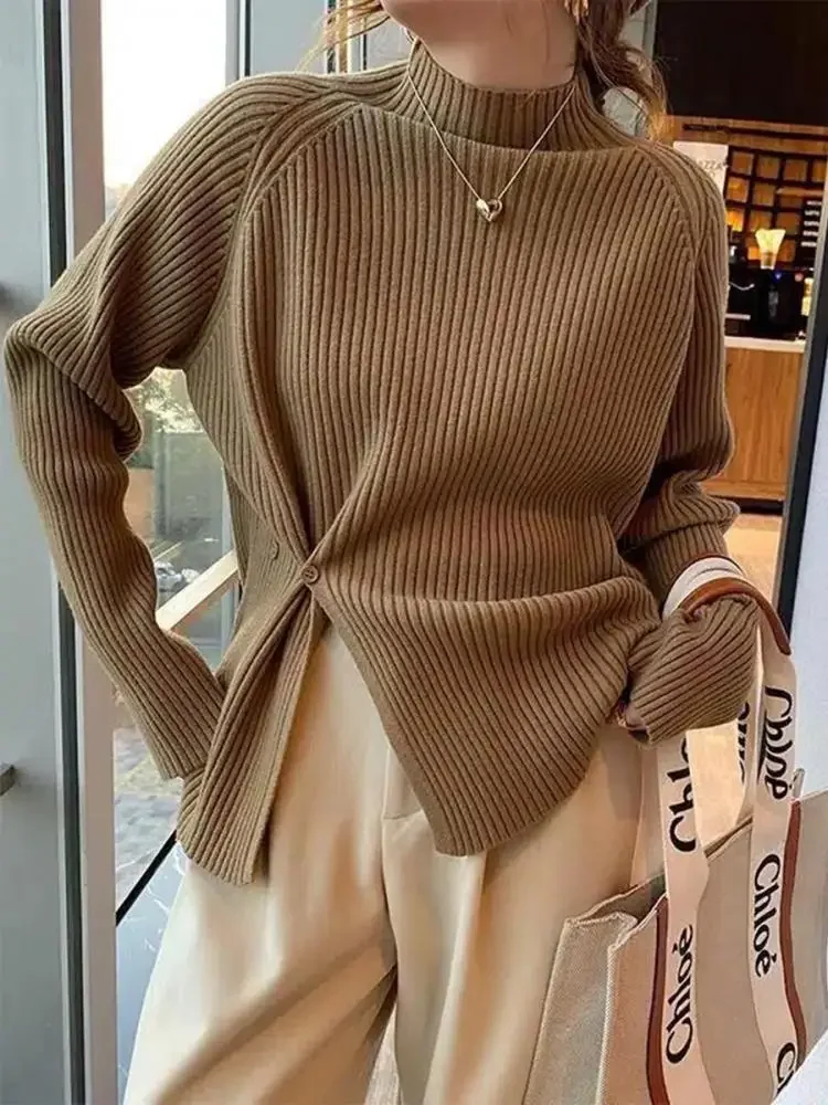 

2025 Women Sweater Pullovers Turtlneck Casual Autumn Winter Split Fork Button Chic Sweater Female Slim Knit Top Soft Jumper Tops