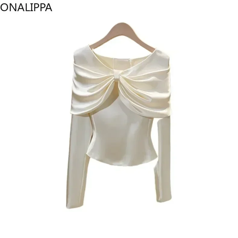 Onalippa Small Fragrance Bow Satin Shirt Long-sleeve Sweet Office Lady Womens Tops Celebrity Style Solid White Shirts for Women