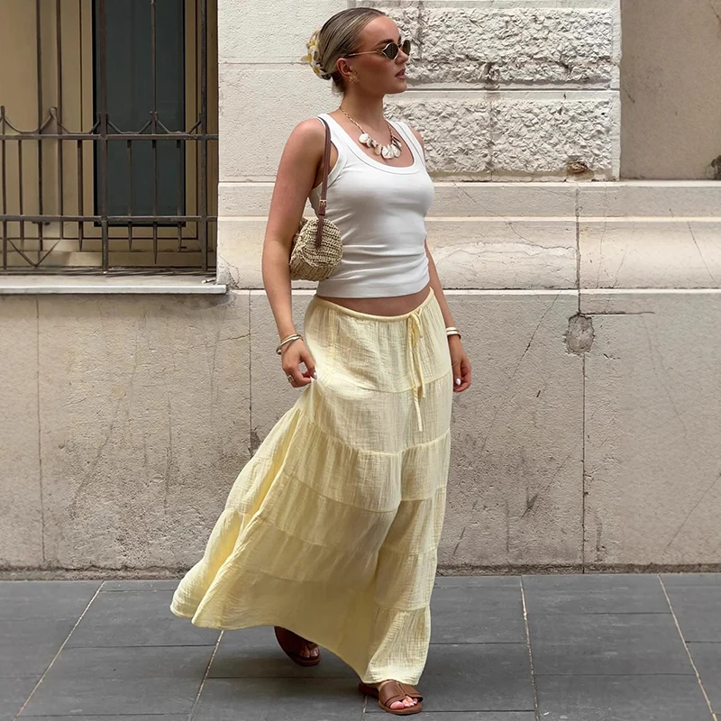 Tornova التنانير الصفراء غير رسمية للنساء عالية الخصر موضة فضفاضة كعكة تنورة مع خط فتاة ساخنة نادي حفلة تنورة طويلة 2026 جديد