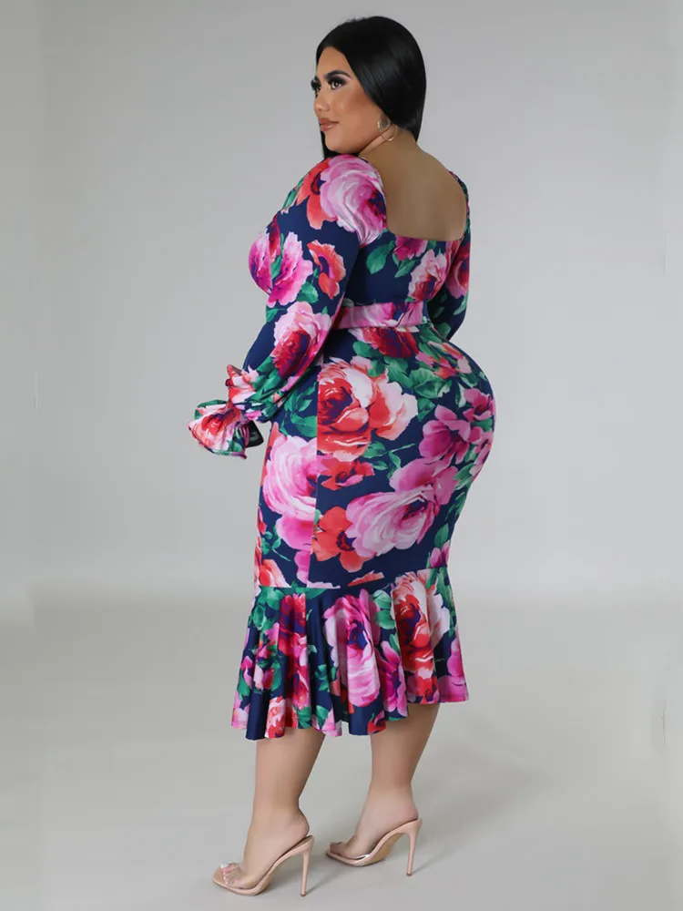 Wmstar Plus Size Dresses for Women Summer Holiday Clothing Floral Print Off Shoulder Maxi Dress Wholesale Dropshipping with Belt