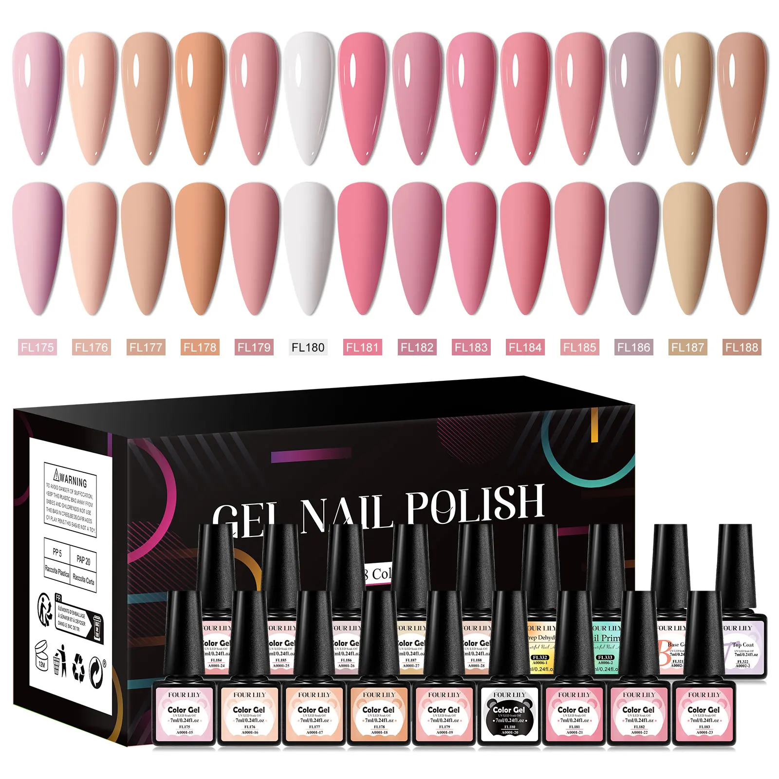 FOUR LILY Set di smalti per unghie gel da 18 pezzi con scatola Nude Rosa Verde Blu Colori Primavera Estate UV LED Kit per manicure scintillante per nail art