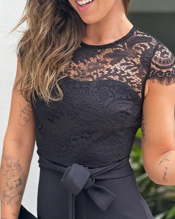 2025 Jumpsuit Women Fashion Spring/summer Latest Hot Contrast Lace Round Neck Waist Tied Detail Jumpsuit Casual Slim Fit Romper