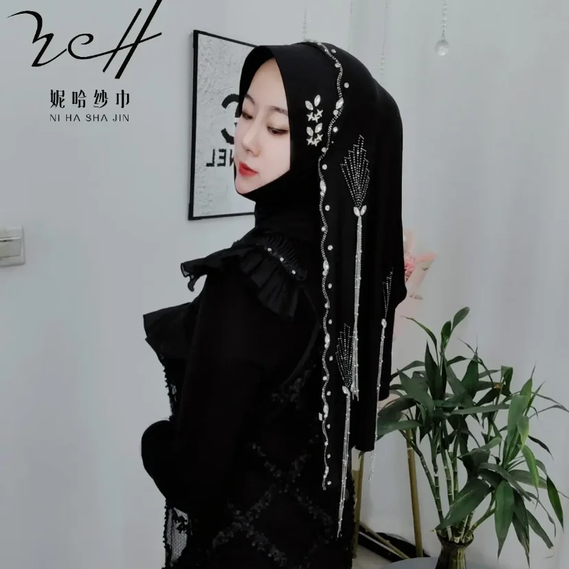 젬 태슬 무슬림 여성 파티 숄 랩 히잡