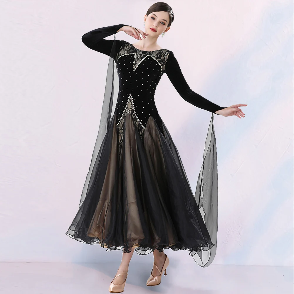 

Fashion Women Performance Costume Showgirl Red Elegant Waltz Dress Women Velvet Competition Ballroom Dance Rhinestone dress