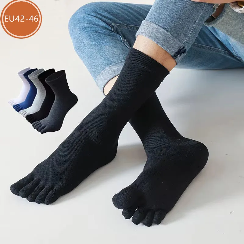 Plus Size Zehensocken für Herren, Baumwolle, Business, solide, schweißabsorbierend, Partykleid, lange 5-Finger-Socken, großer Gentleman, 4 Jahreszeiten