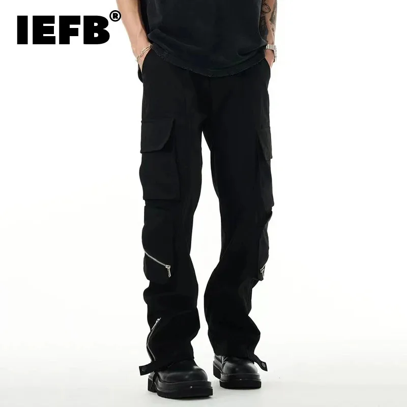 IEFB Solid Color Men's Casual Pants Zipper Patchwork Buckle Feet Simple Multi-pockets Loose Straight Wide Leg Male Bottom 9C8827