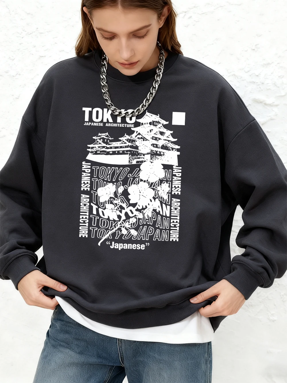 日本東京桜プリントパーカー女性ベーシック長袖クルーネックスウェットシャツ冬オーバーサイズジョガープルオーバー暖かい服