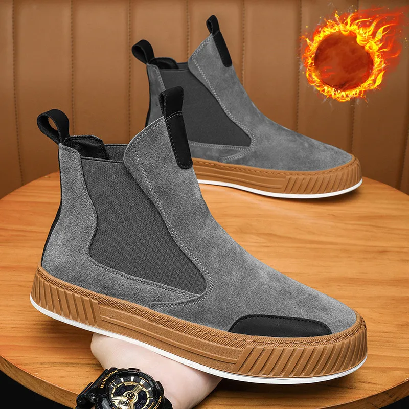 

Autumn Winter Warm Plush Casual High top Men Shoes Designer Chelsea Suede Shoes Men Fashion Punk Style Platform Male Boots Snow