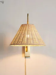Japanese Minimalist Rattan Weaving Art Decorative Wall Lamp Modern Light Fixtures Living Room Bedroom Bedside Lamp Homestay Cafe