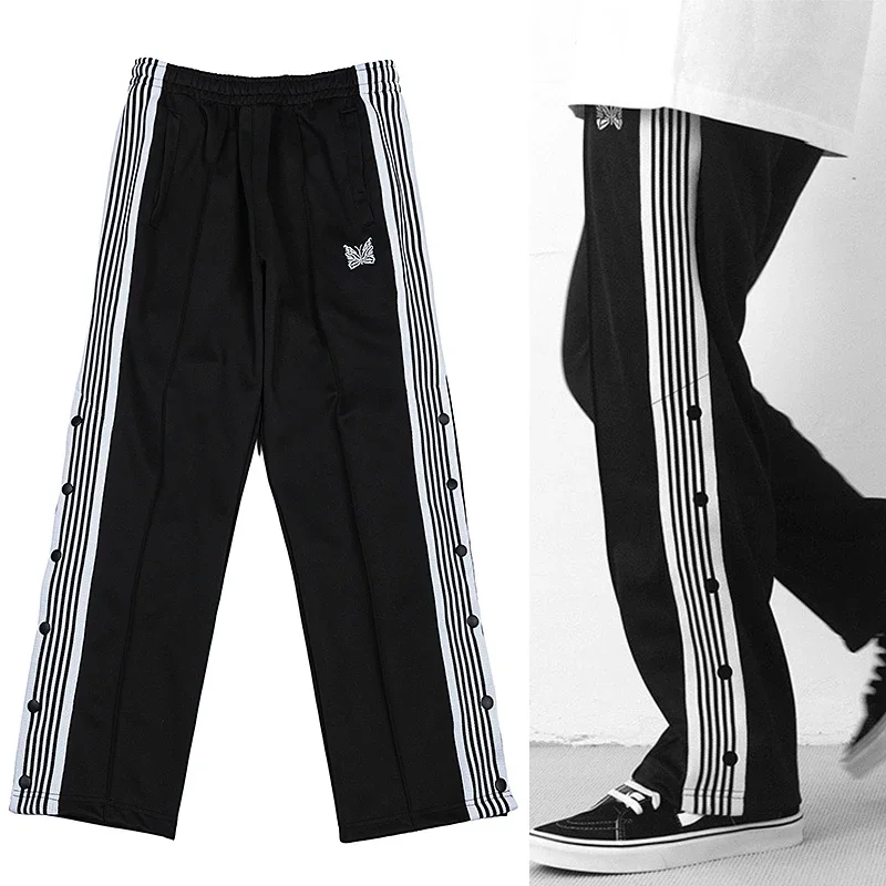 

Arrival Black 1:1 Trousers Butterfly Embroidery Webbing Track Stripe Buckle Design Pants Men Women Oversize Sweatpants