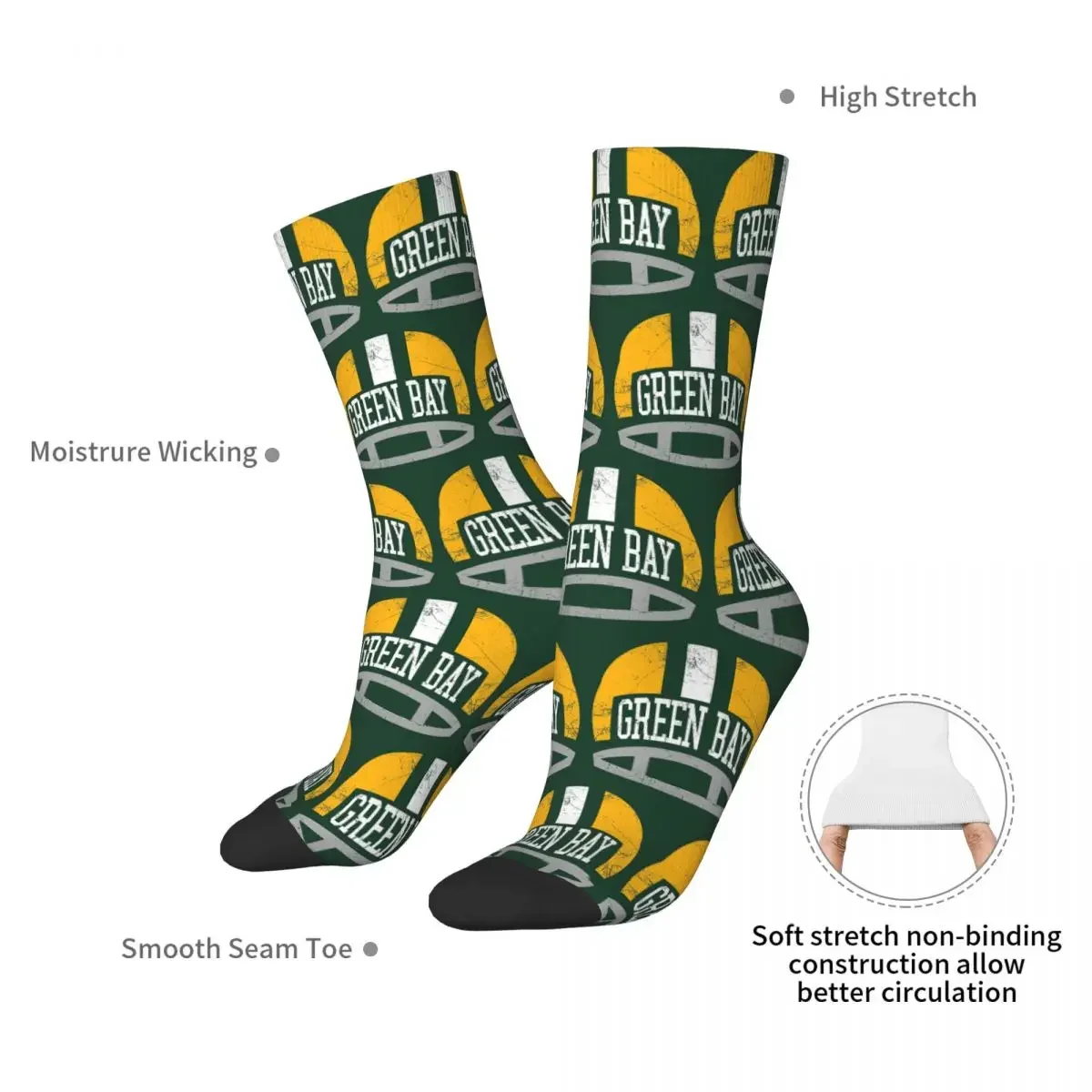 Green Bay Retro Helmet - Green Socks Harajuku Sweat Absorbing Stockings All Season Long Socks Accessories for Man's Woman Gifts