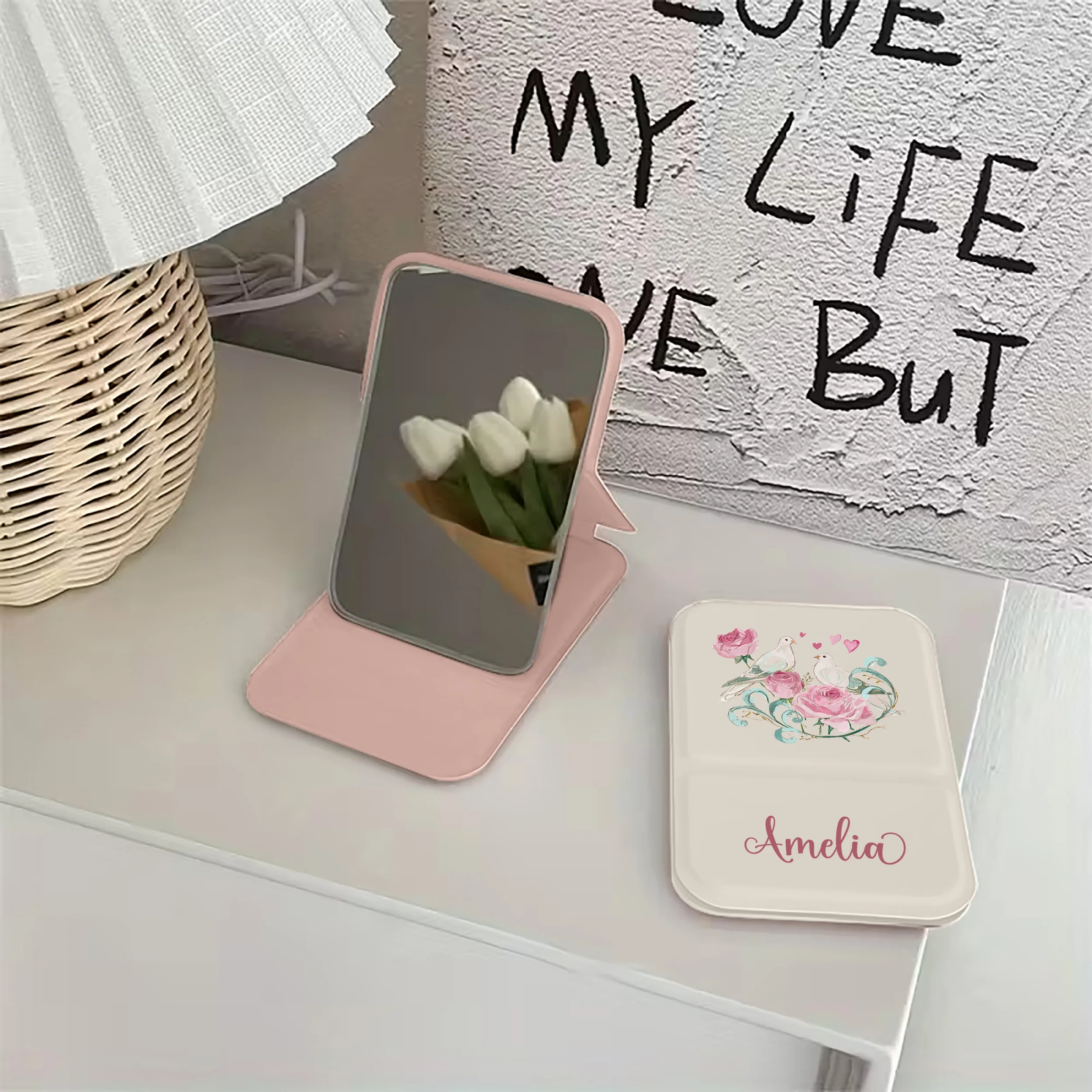 Customized Double-sided Folding Makeup Mirror High-definition glass Solid color minimalist PU folding makeup mirror Light luxur