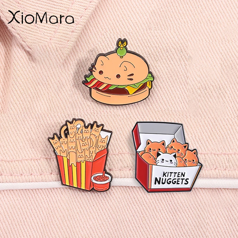 Kitten Nuggets Fast Food Cat Enamel Pin Chicken French Fries Hamburg Brooches Lapel Badge Jewelry Gifts for Cat Lover Friends ﻿