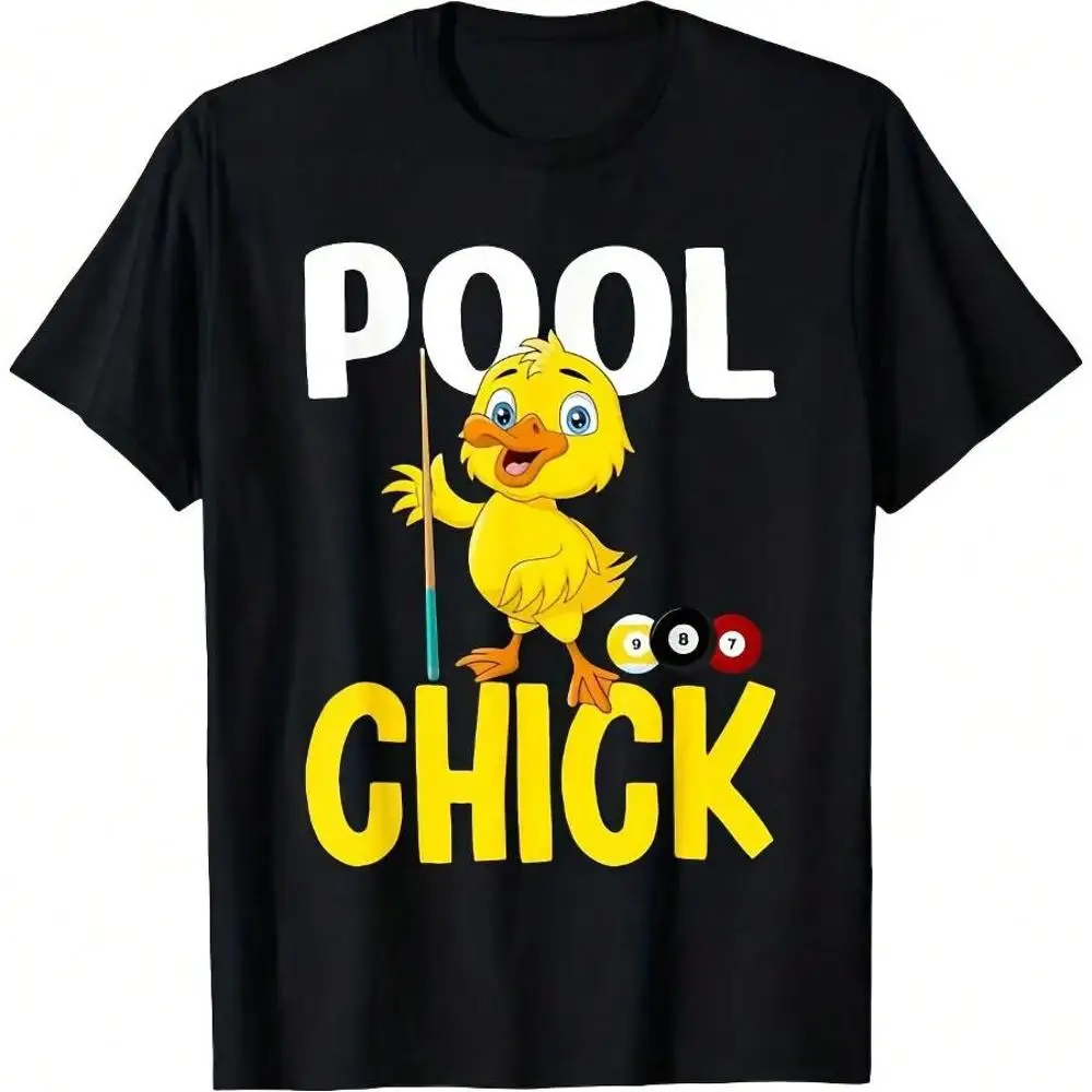 100_ Cotton Soft Breathable Unisex Tee - Funny Graphic T-Shirt With Yellow Chick Pool Cue Design - Pool Chick 8 Ball Numbered Pool Balls - Machin