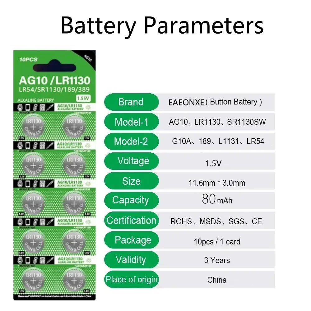 Alkaline Button Cell Battery AG10 LR1130 SR1130 389 LR54 L1131 389A 1.5V 2-10mAh For Watch Clock Coin Cell