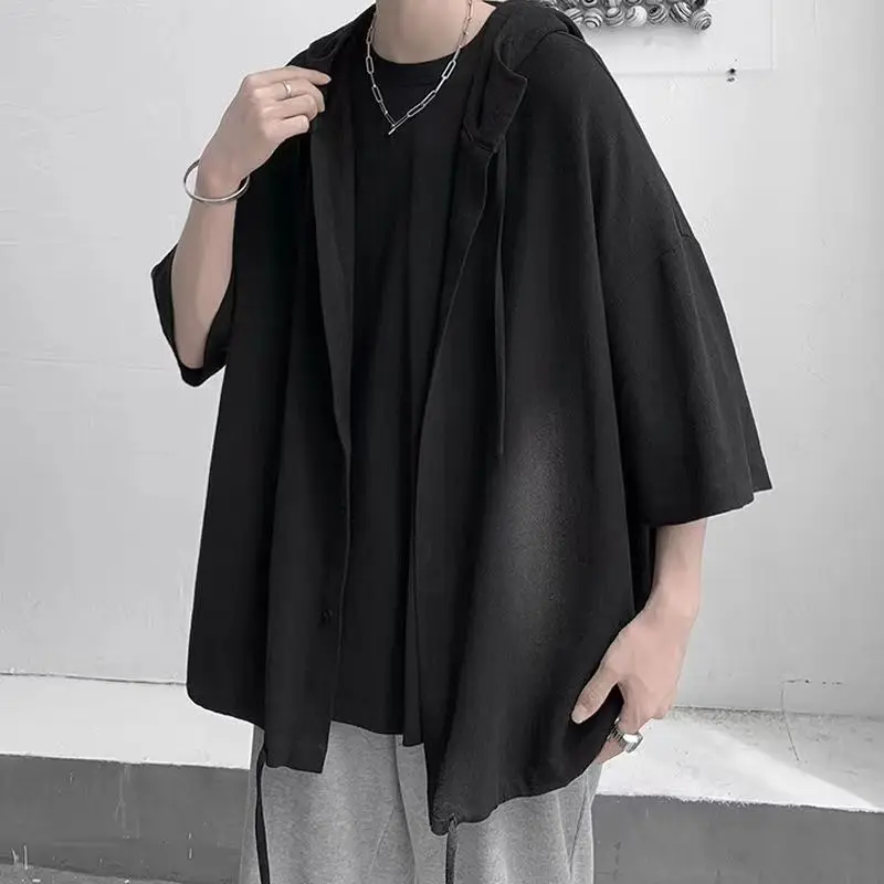 Elegant Fashion Harajuku Slim Fit Ropa Hombre Loose Casual Sport All Match Outerwear Solid Button Short Sleeve Hooded Shirt