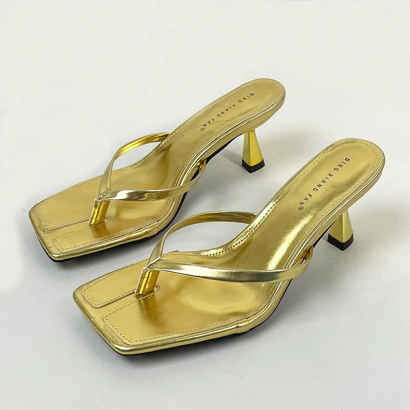 Golden Ladies Thin Heels Pumps Slides Shoes Female Slip On Footwear Luxury Fashion Shallow Women Medium Heels Shoes Flip flops