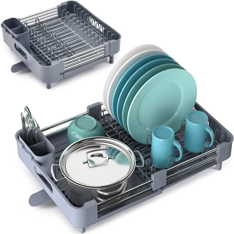 Expandable Dish Rack, Double Part Dish Dryer, Scratch Free and Removable Dryer and Drain, Adjustable Rack for Kitchen