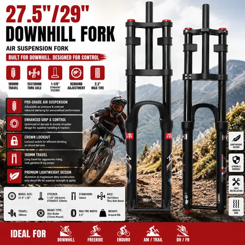 27.5/29 Inch MTB Air Suspension Fork 180mm Travel Boost 15x110 Thru Axle 1-1/8 Straight Steerer 34mm Stanchion Rebound Adjustment Downhill Fork for AM FR DH Mountain Bike