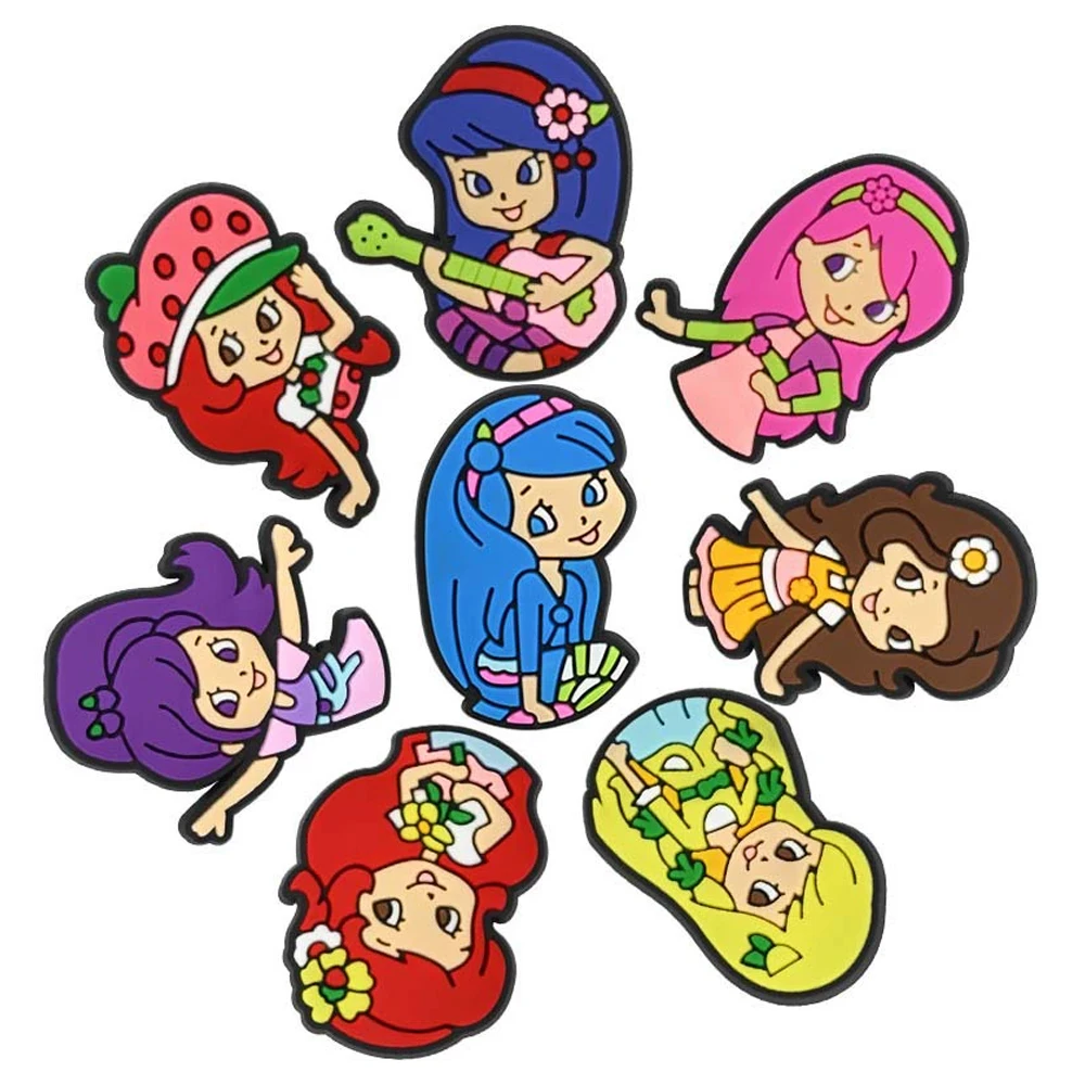 5-8PCS Cartoon Strawberry Girl Shoe Charm Mix Wholesale PVC Decoration Buckle Sandal Shoe Detachable Waterproof To Xmas Gift