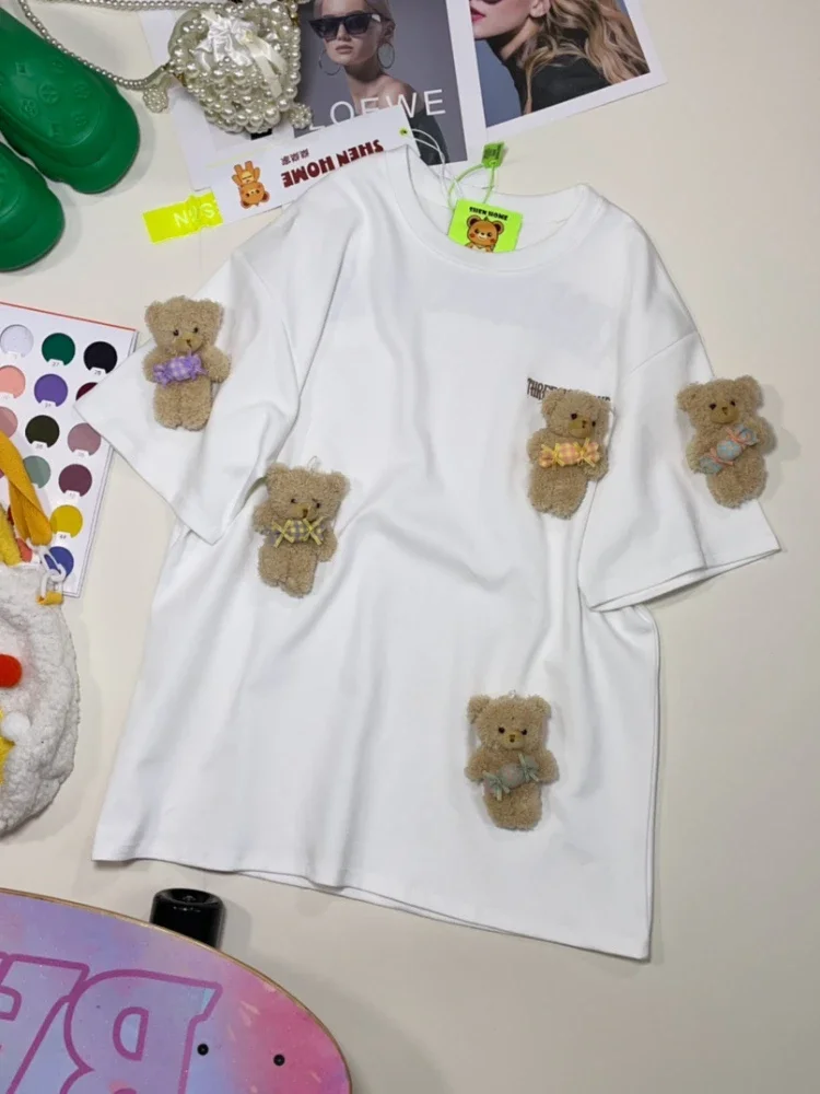 Korean Style Loose and Cute Bear Brooch Short-Sleeved T-shirt 2024 Spring Summer Crew Neck Casual Embroidered Solid Color Top