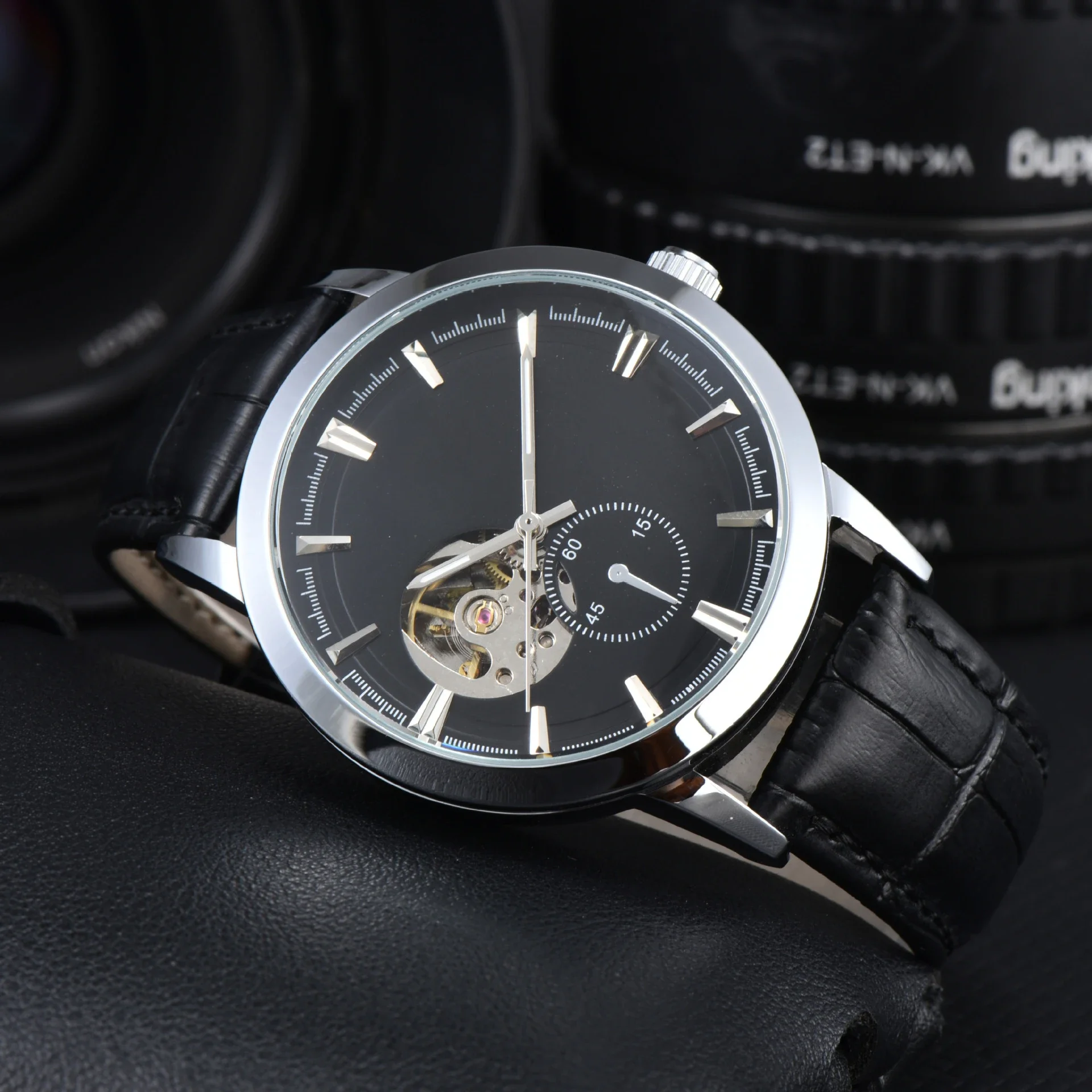 Stylish Cool Men's Business Rose Gold Watch, Brown Leather Strap, Transparent Case Back, Men's Automatic Mechanical Watch