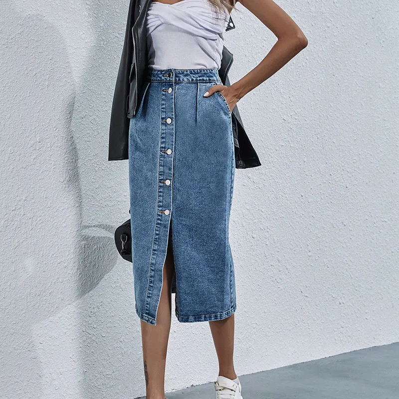 Lucyever Fashion Single Breasted Long Denim Skirt Woman Vintage High Waist Straight Jean Skirts Women New Streetwear Y2K Skirts