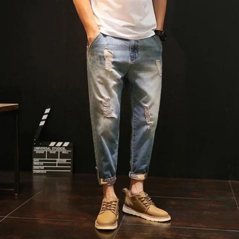 

Man Cowboy Pants Ripped Men's Jeans Cropped Trousers Broken with Holes Light Blue Torn Tapered Spring Autumn 2024 Trend Wide Leg