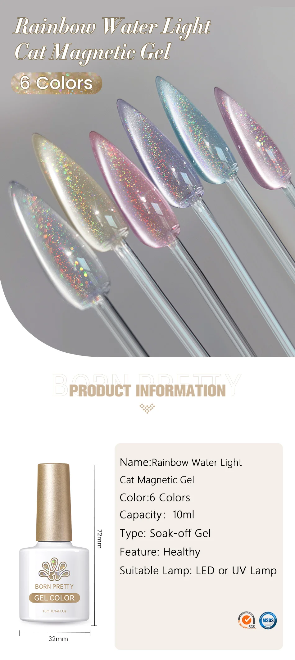 BORN PRETTY 10 ml Regenbogen Lila Wasser Licht Katze Magnetische Gel Nagellack Glänzende Super Splitter-licht Holographics Soak Off UV Gel – Detail 1
