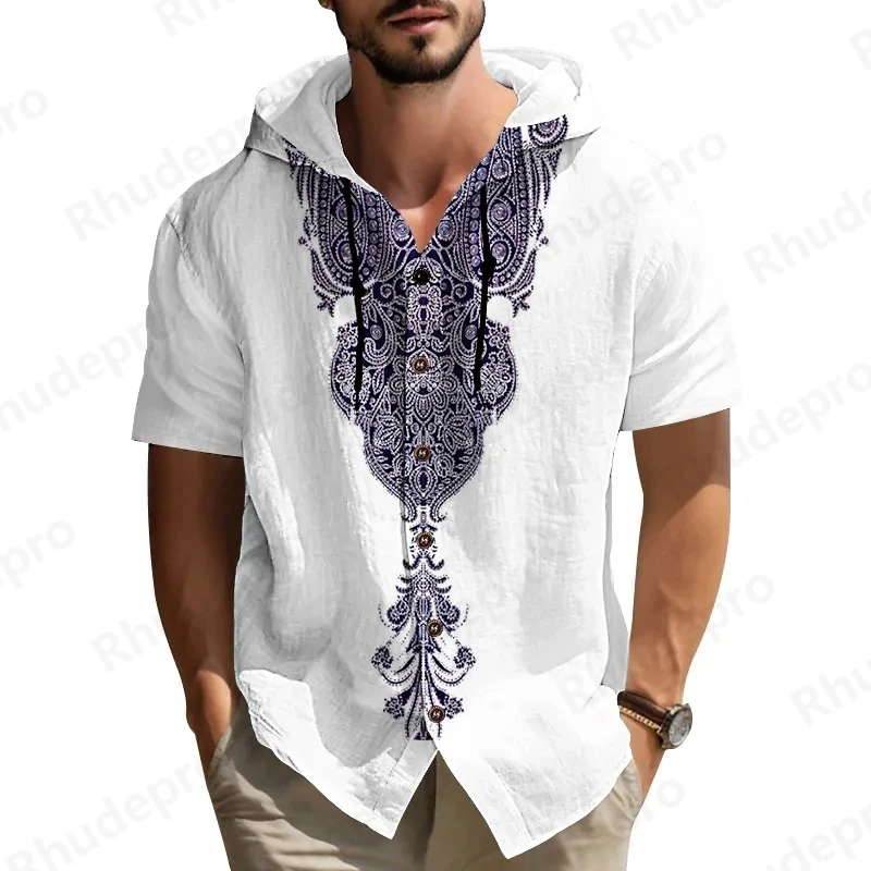 

Мужская летняя рубашка с капюшоном в национальном стиле, повседневная рубашка с принтом, толстовки на пуговицах с короткими рукавами, уличная одежда Camisa Hawaiana Hombre