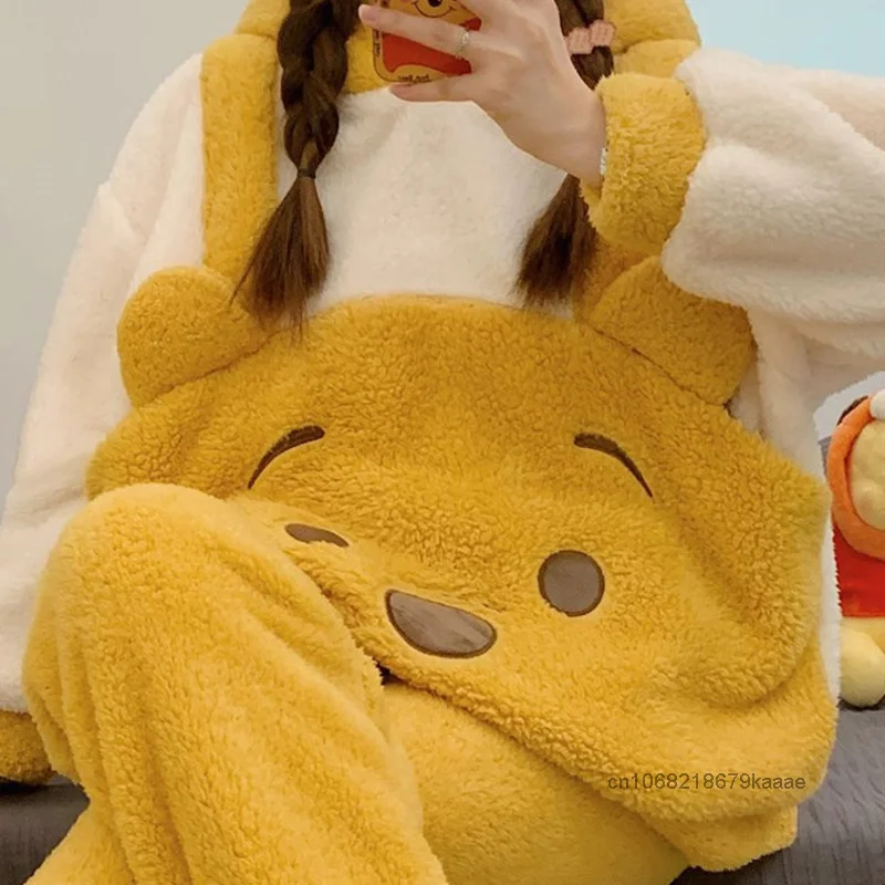 Disney Winnie The Pooh Women Winter Coral Fleece Sleepwear Cute Design Thicken Warm Pajamas Sweet Soft Y2k Girl New Home Clothes