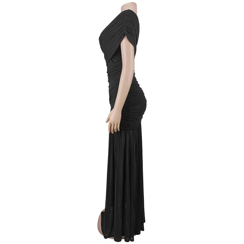 Sommerliches Damen-Abendkleid: Sexy One-Shoulder-Maxikleid mit Raffungen, Mesh-Einsatz, Metallschnalle, hohem Schlitz und plissiertem Saum – Partykleid 2026 – Detail 13