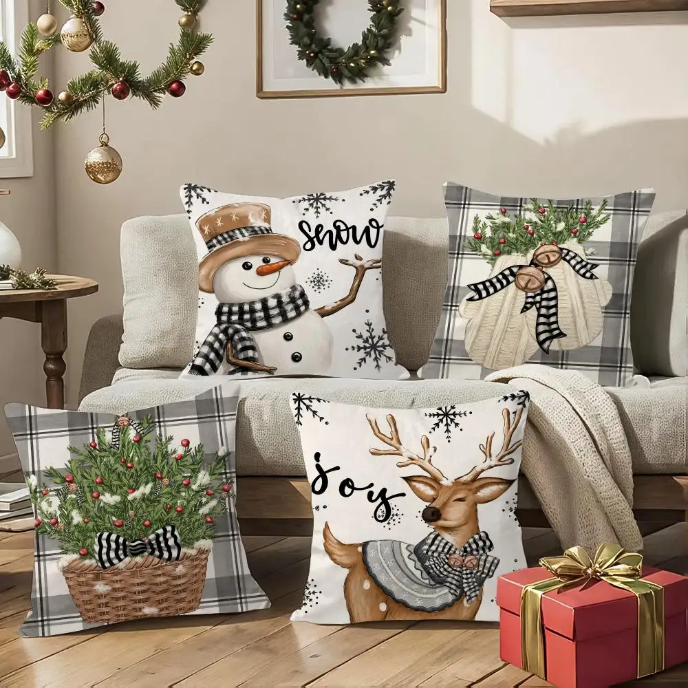 4PC Merry Christmas Snowman Cushion Cover Soft Short Plush Double-Sided Print Throw Pillow Case Home Decor Festival Gift