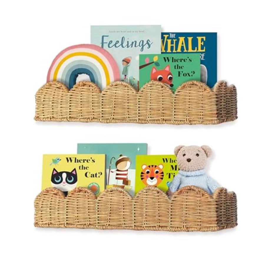 

Nursery Book Shelves Set of 2 - Artisanal Natural Rattan Scalloped Book Shelf for Rooms 15.8" W Cute Wicker Nursery Bookshelf W