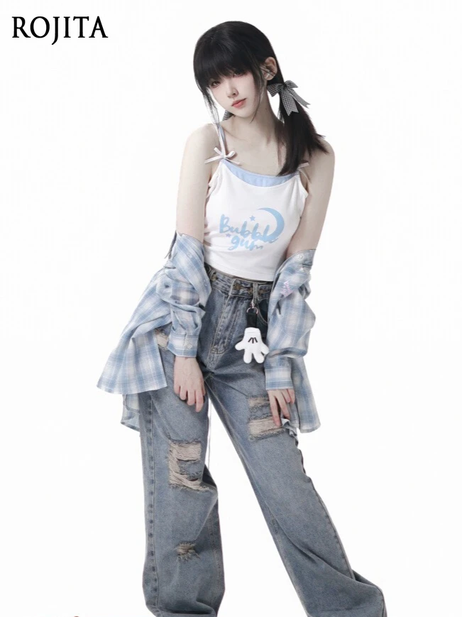 

Fresh Blue Checkered Short Sleeve Shirt Camisole Light Color Crop Top Vacation Style Long Sleeve Summer Top Women Tops