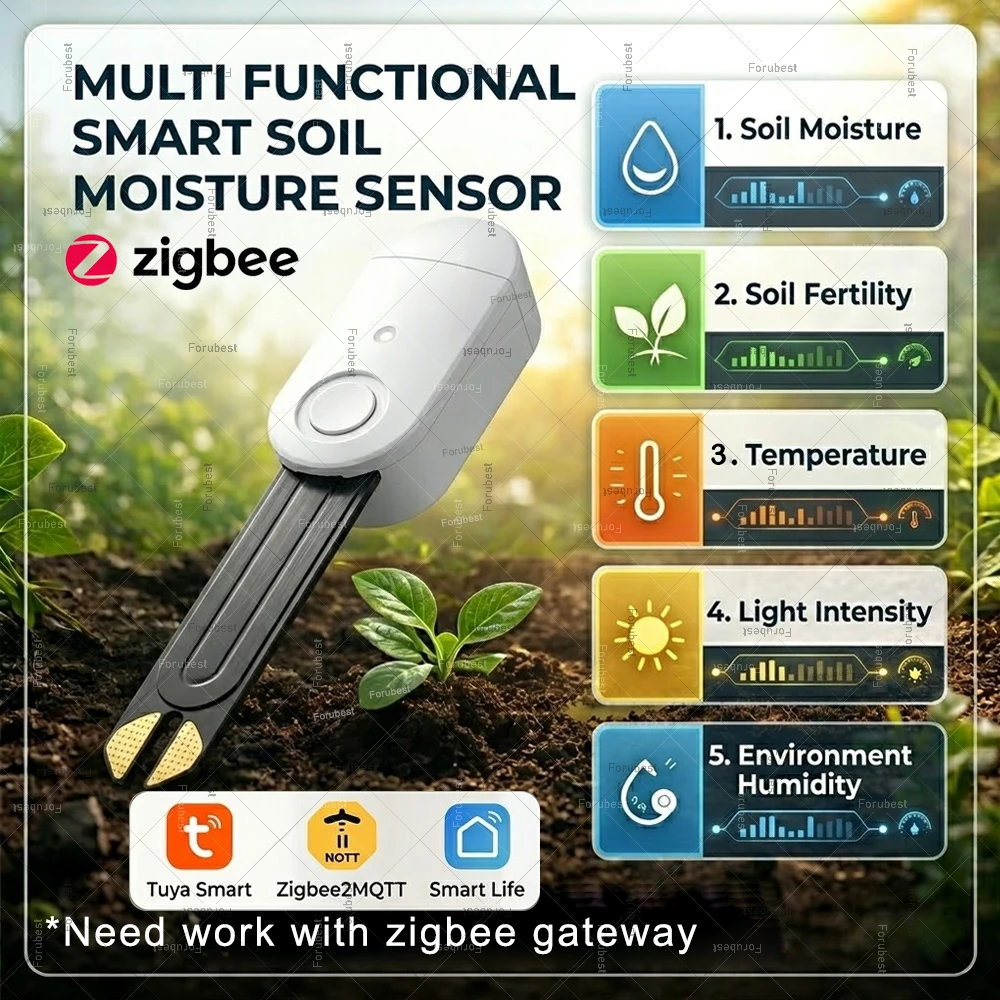 Zigbee Smart Soil Sensor Moisture Humidity Temperature Light Fertility Detector For Tuya Smart Life Home Assistant Zigbee2MQTT