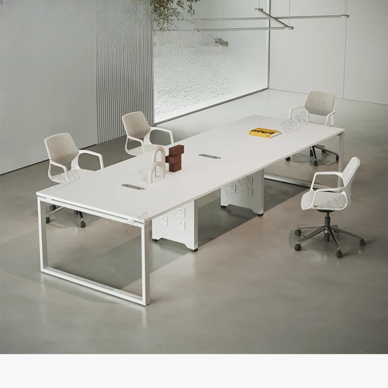 

White conference table, simple reception and negotiation in conference room, modern long tables and chairs