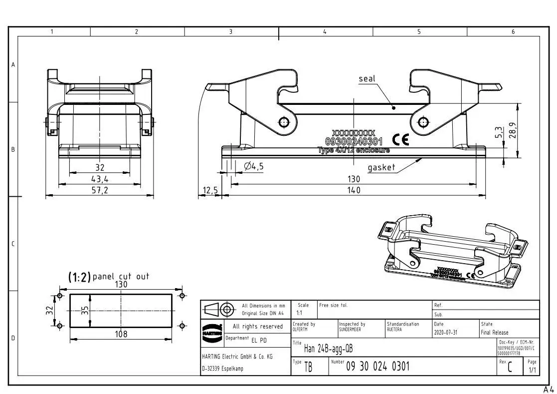 09300240301 Harting-Stecker 24b doppelt verriegelnde, nicht versiegelte Montage basis