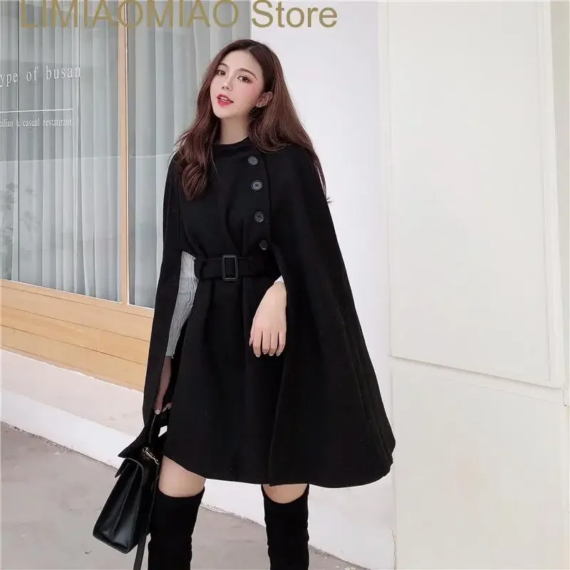 Autumn High Quality Woolen Cloth Shawl Cape Poncho With Belt Women Mid-length Korean Sleeveless Casual Ladies Cape Coats