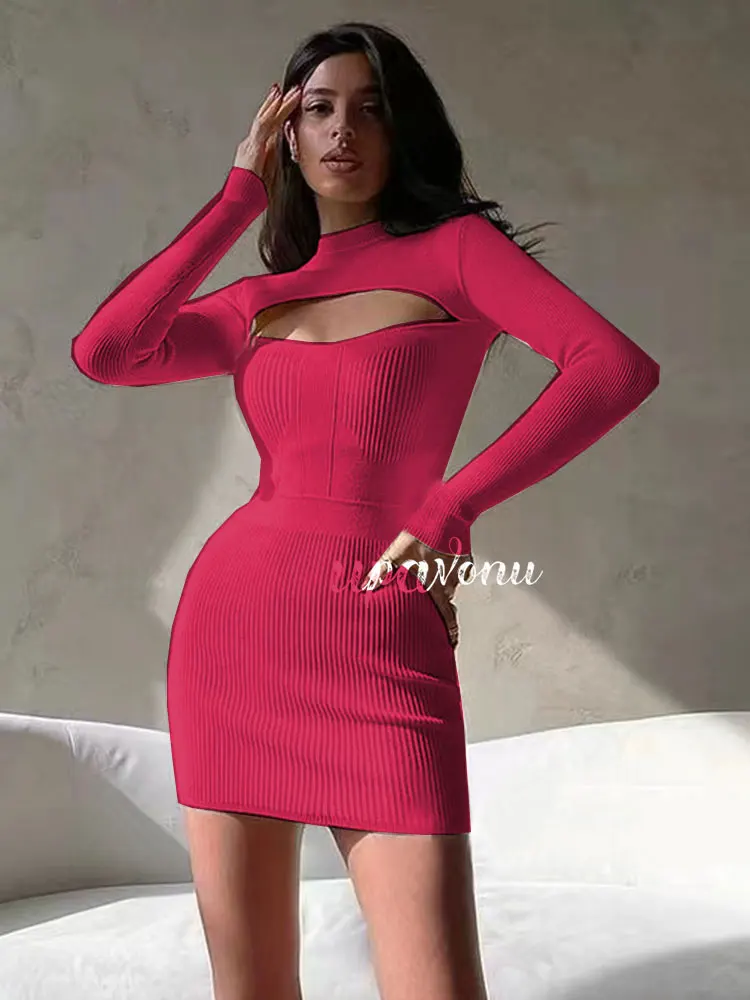 Vestido corto de punto para mujer, prenda de manga larga con cuello redondo, ceñido al cuerpo, a la moda, para fiesta de noche, verano, 2022, envío gratis