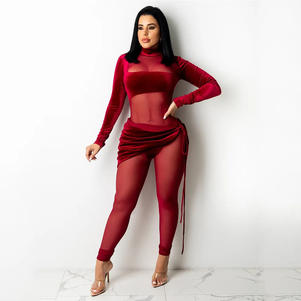 Sexy Velvet Sheer Mesh Jumpsuit Women One Piece Outfit 2023 Autumn Winter Street Sweatpant Female Fashion Elegant Jumpsuit