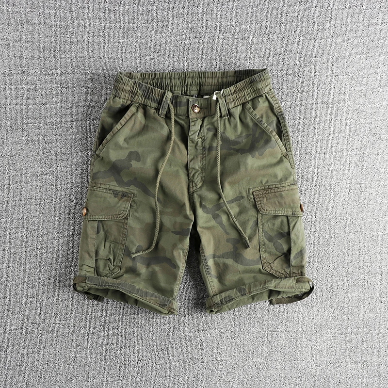 Classic retro wash to do old camouflage cargo casual shorts men's pant leg draw rope design summer trend pants