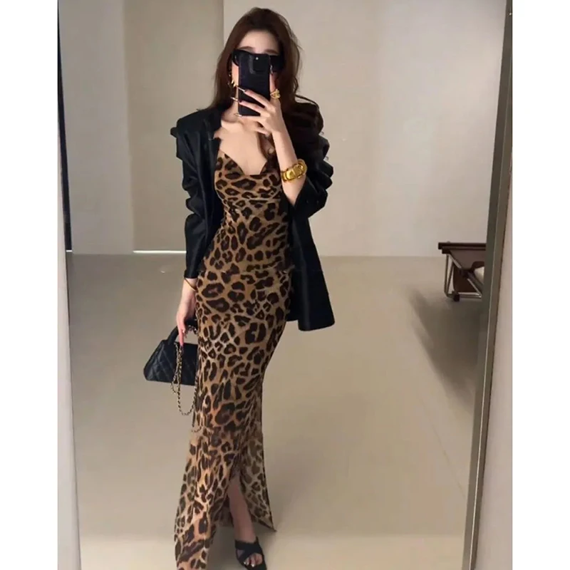 

Сексуальное женское платье с леопардовым принтом на тонких бретелях, с открытой спиной и шнуровкой, облегающее, элегантное, с боковым разрезом, для вечеринок и ночных мероприятий