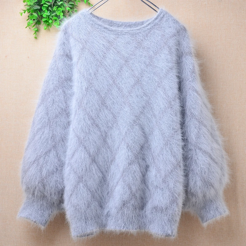 

04 Female Women Fall Winter Clothing Grey Plaid Hairy Mink Cashmere Knitted Long Lantern SLeeves O-Neck Loose Pullover Sweater