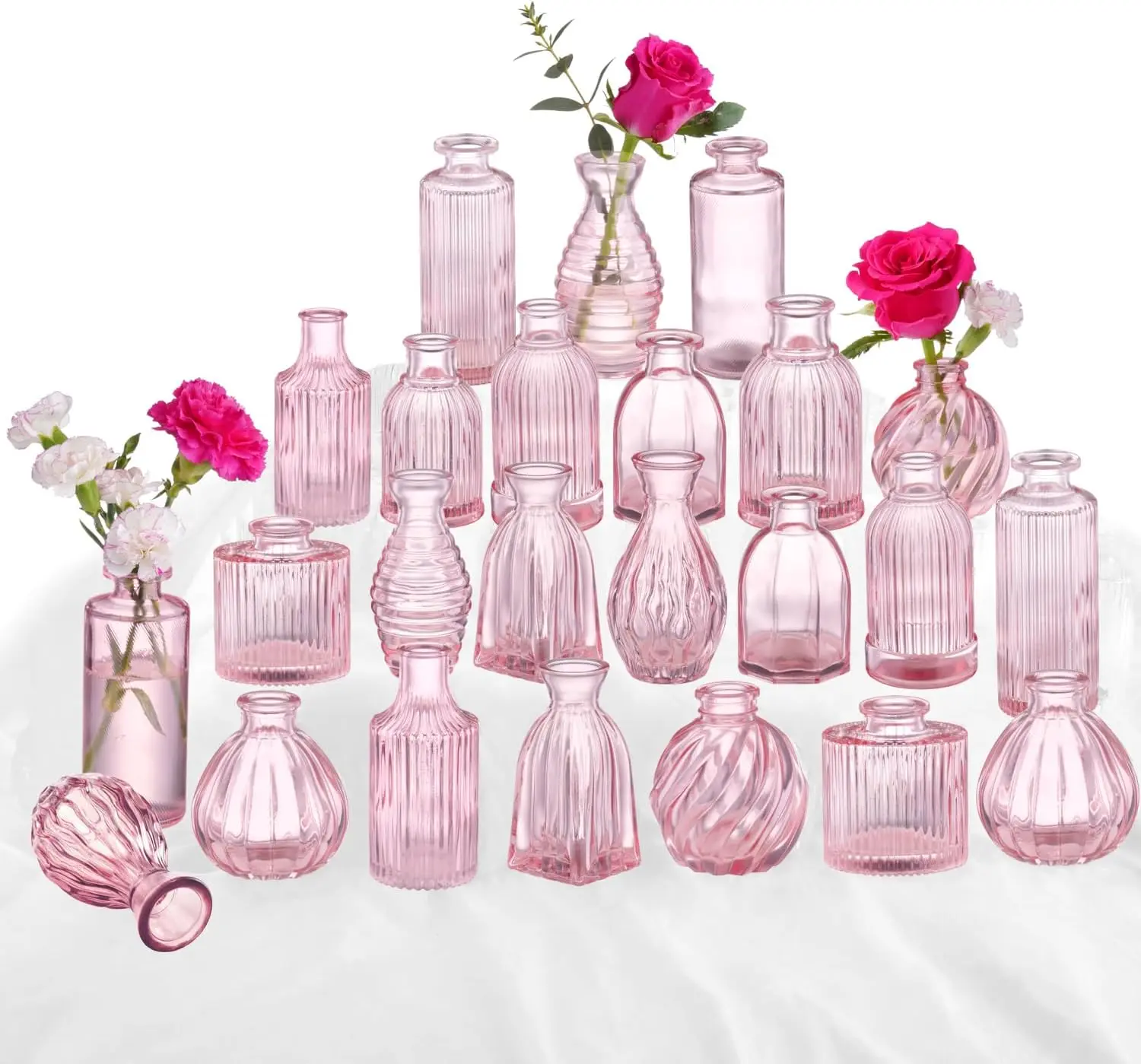 

Pink Glass Bud Vases In Bulk 24, Pink Vase Small Glass Vases For Flowers Modern Ribbed Glass Bud Vase For Decor Wedding Flower