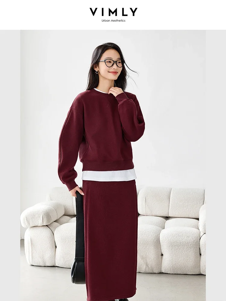 VIMLY Women Sporty Sweatshirt Set Winter Simple Casual Baseball Collar Sweatshirt Pullover Straight Long Skirt Office Lady Suits