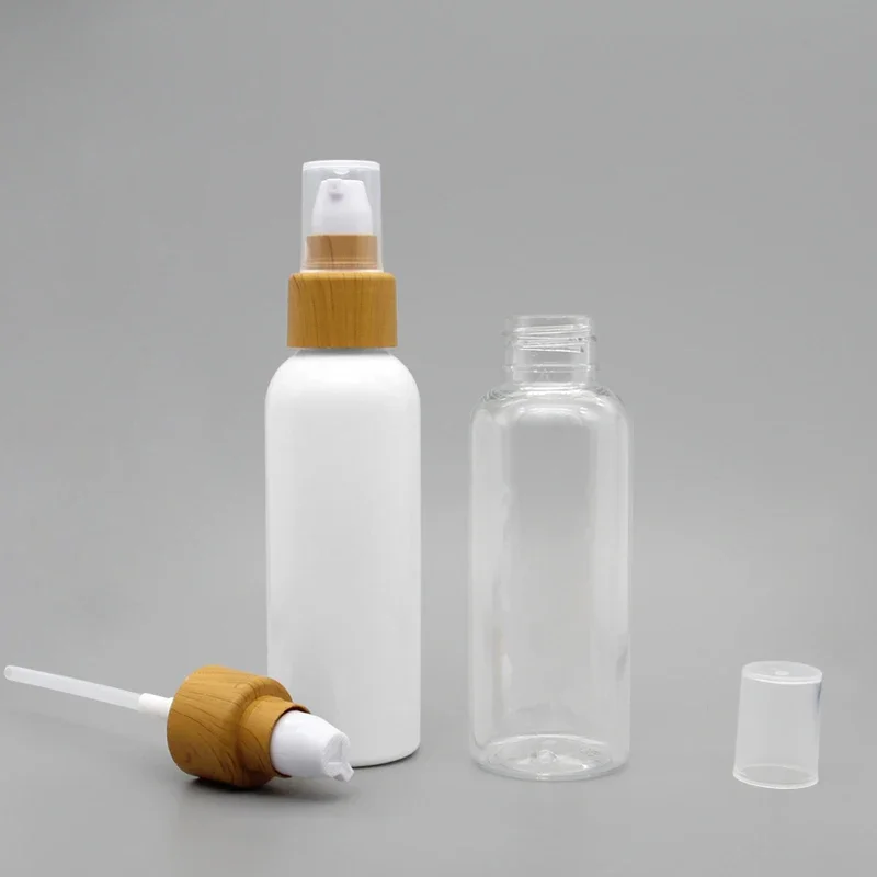 

100ML 50pcs Transparent Plastic Bottle With Wood Grain Lotion Pump, Empty Cosmetic Toner Essence Packaging Bottles